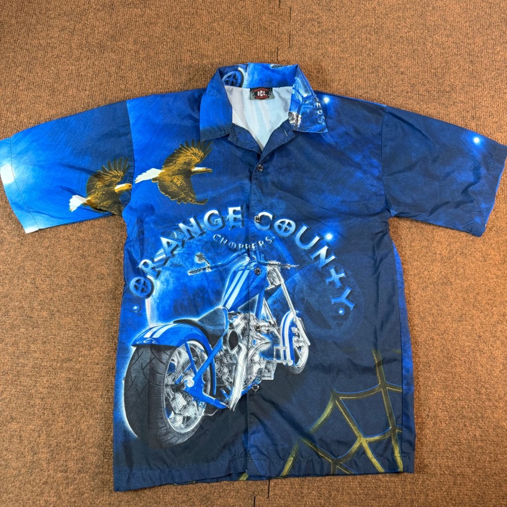 Orange County Choppers OCC Shirt Blue Motorcycle Eagle Graphic Button Up Y2K 04